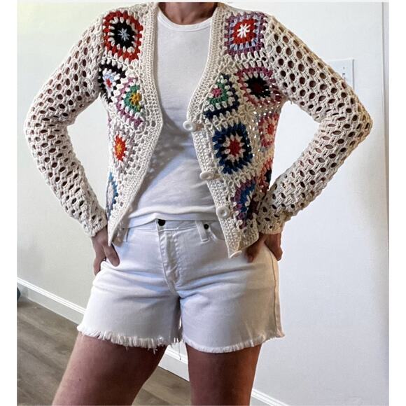 Crochet Colorful Granny Square Cardigan Womens M Boho Festival Ivory Crop Button - Picture 5 of 5